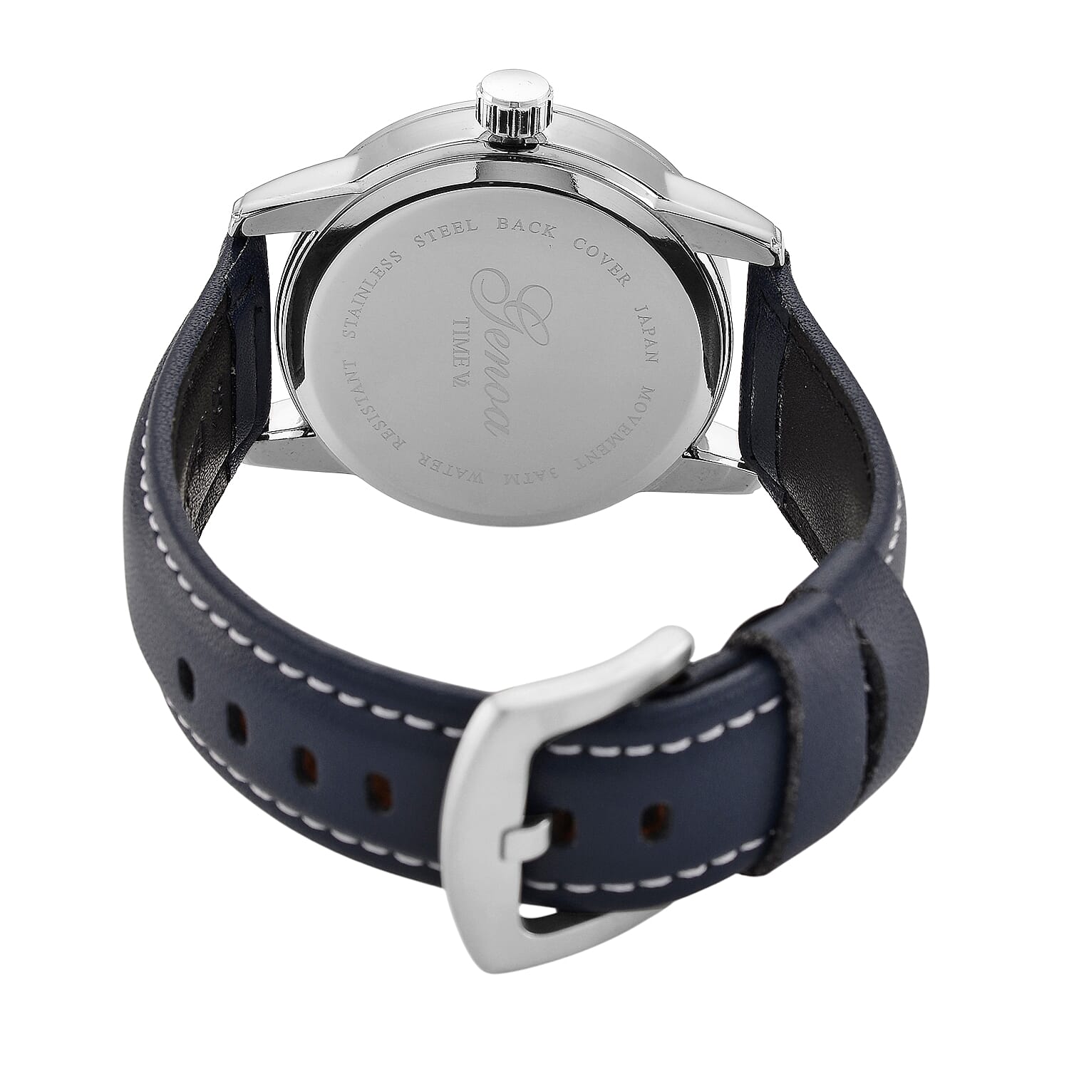 GENOA TIME V2 Double Date Quartz PC33 3ATM WR Blue Hydraulic Dial & Silver Case Mens Watch with Blue Leather Strap