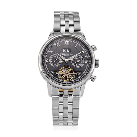 Limited Edition WILLIAM HUNT LONDON Automatic Movement 5 ATM Water Resistant Watch With Skeleton Display, Exhibition Back & Bracelet Strap With Day, Date, Month Display Presented in a Gift Box