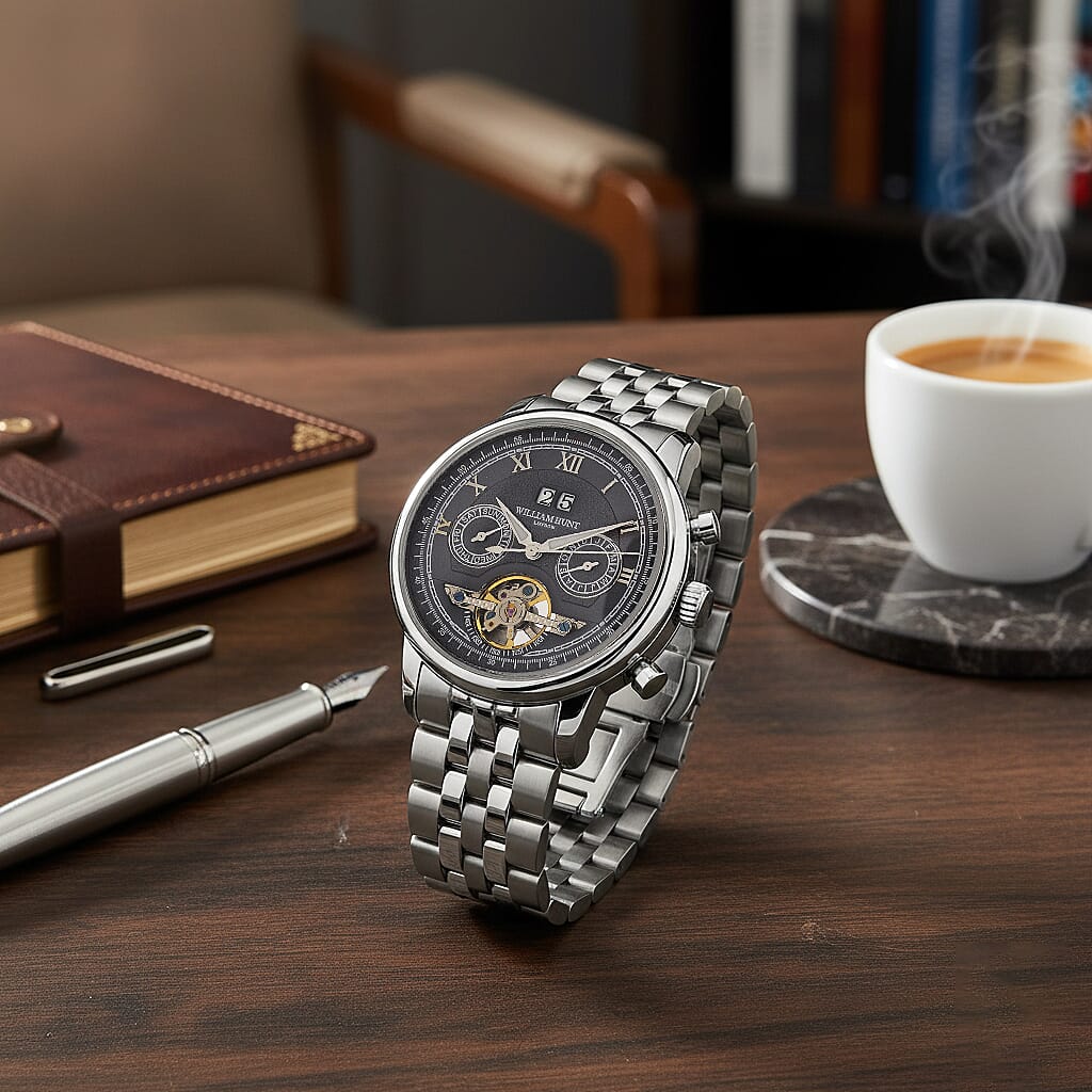 Limited Edition WILLIAM HUNT LONDON Automatic Movement 5 ATM Water Resistant Watch With Skeleton Display, Exhibition Back & Bracelet Strap With Day, Date, Month Display Presented in a Gift Box