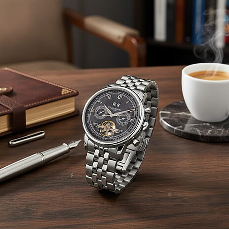 Limited Edition WILLIAM HUNT LONDON Automatic Movement 5 ATM Water Resistant Watch With Skeleton Display, Exhibition Back & Bracelet Strap With Day, Date, Month Display Presented in a Gift Box