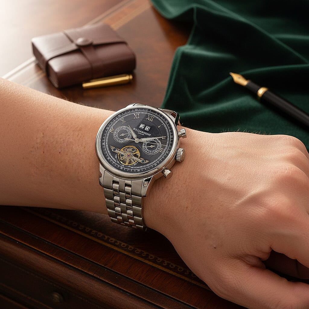 Limited Edition WILLIAM HUNT LONDON Automatic Movement 5 ATM Water Resistant Watch With Skeleton Display, Exhibition Back & Bracelet Strap With Day, Date, Month Display Presented in a Gift Box