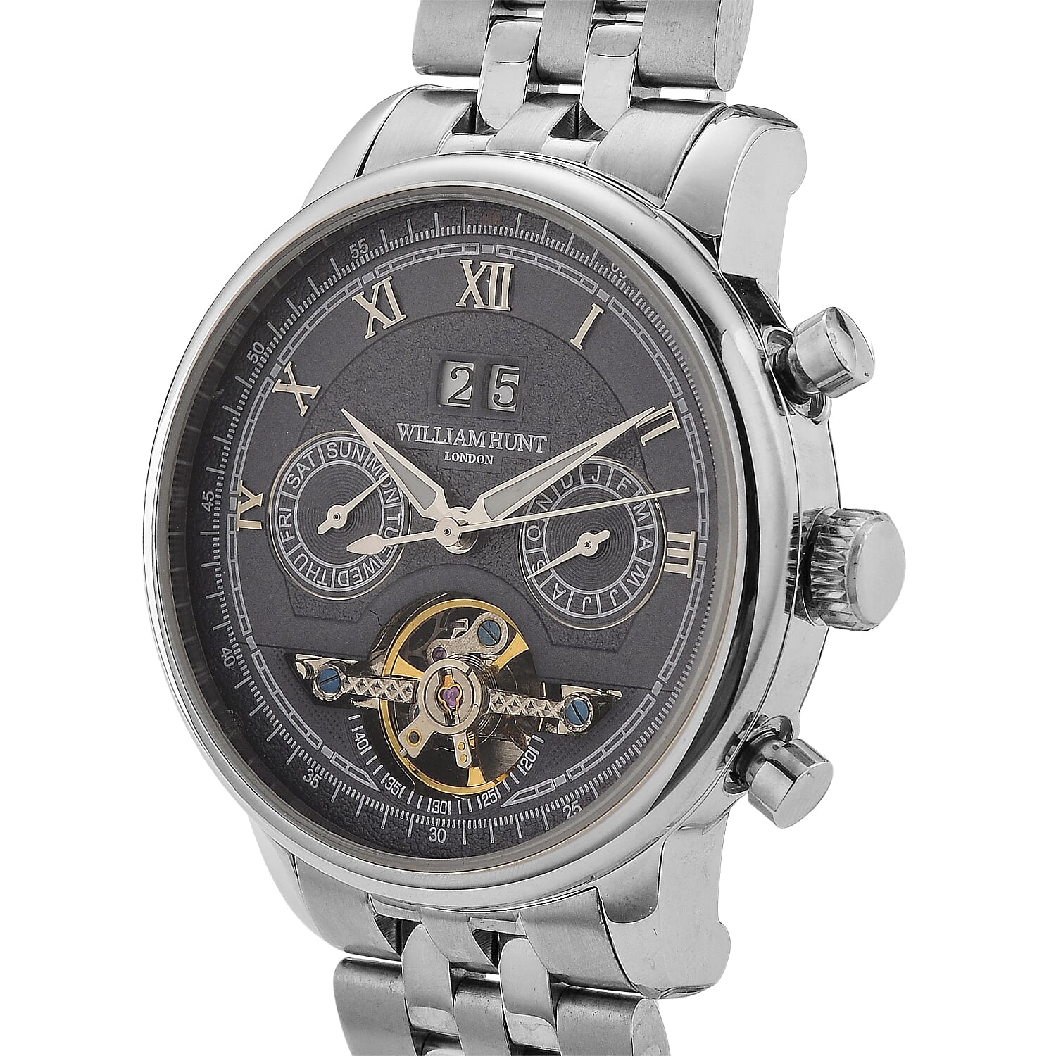 Limited Edition WILLIAM HUNT LONDON Automatic Movement 5 ATM Water Resistant Watch With Skeleton Display, Exhibition Back & Bracelet Strap With Day, Date, Month Display Presented in a Gift Box