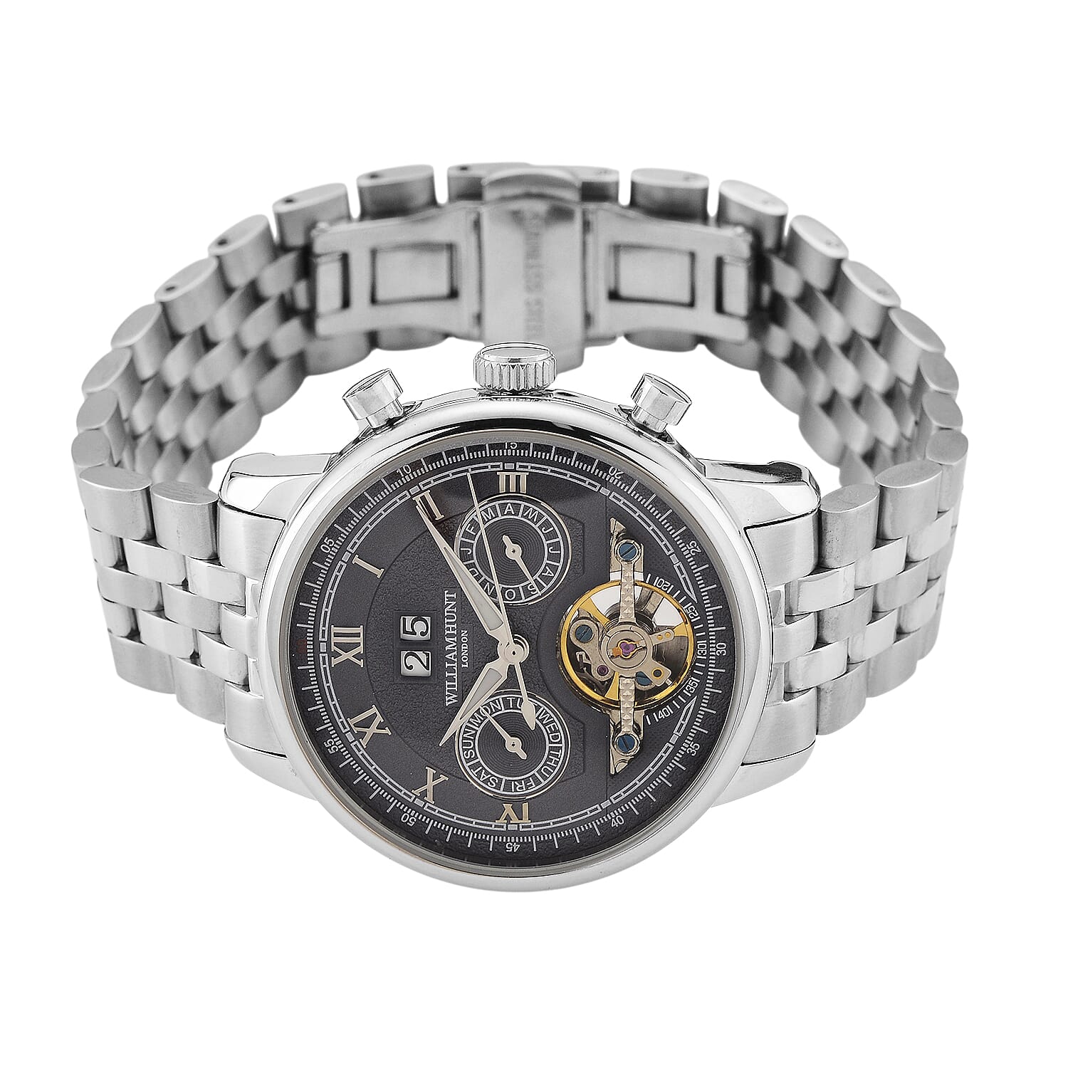 Limited Edition WILLIAM HUNT LONDON Automatic Movement 5 ATM Water Resistant Watch With Skeleton Display, Exhibition Back & Bracelet Strap With Day, Date, Month Display Presented in a Gift Box