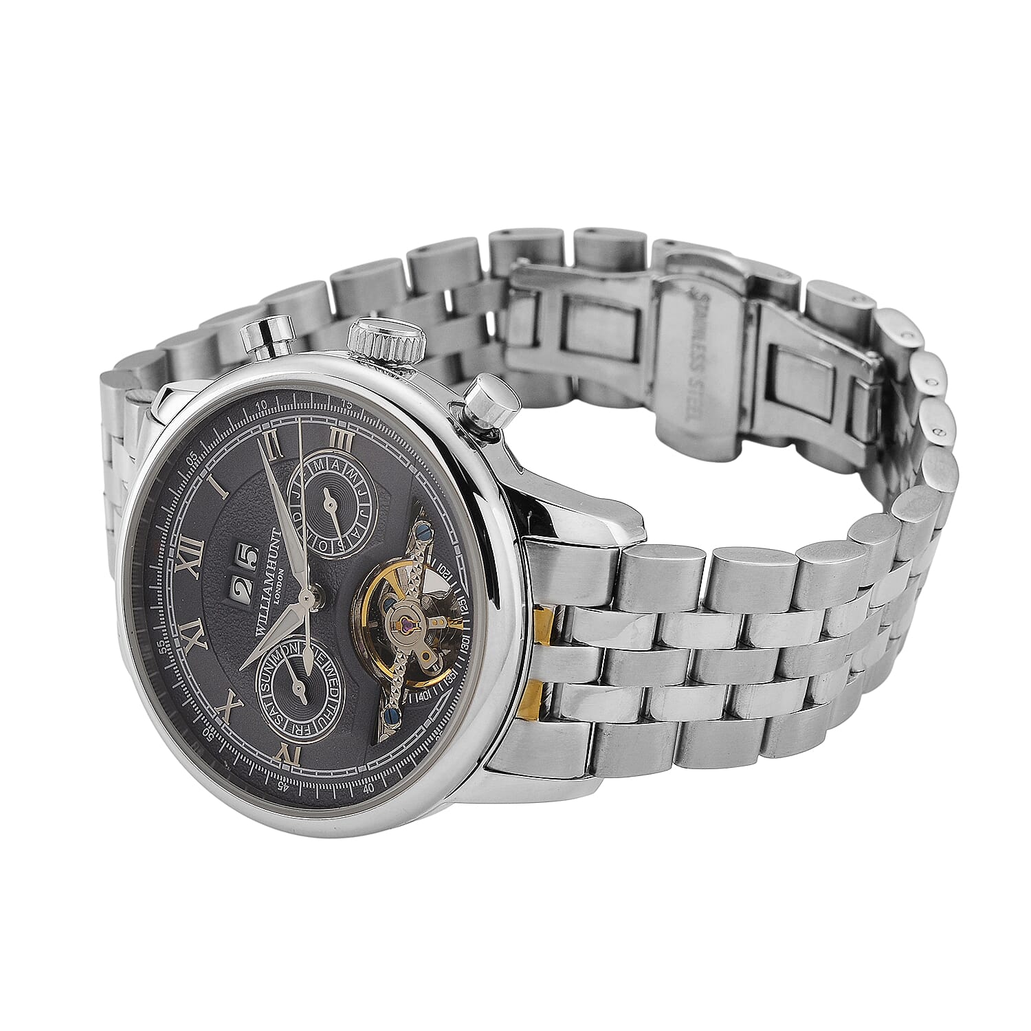 Limited Edition WILLIAM HUNT LONDON Automatic Movement 5 ATM Water Resistant Watch With Skeleton Display, Exhibition Back & Bracelet Strap With Day, Date, Month Display Presented in a Gift Box