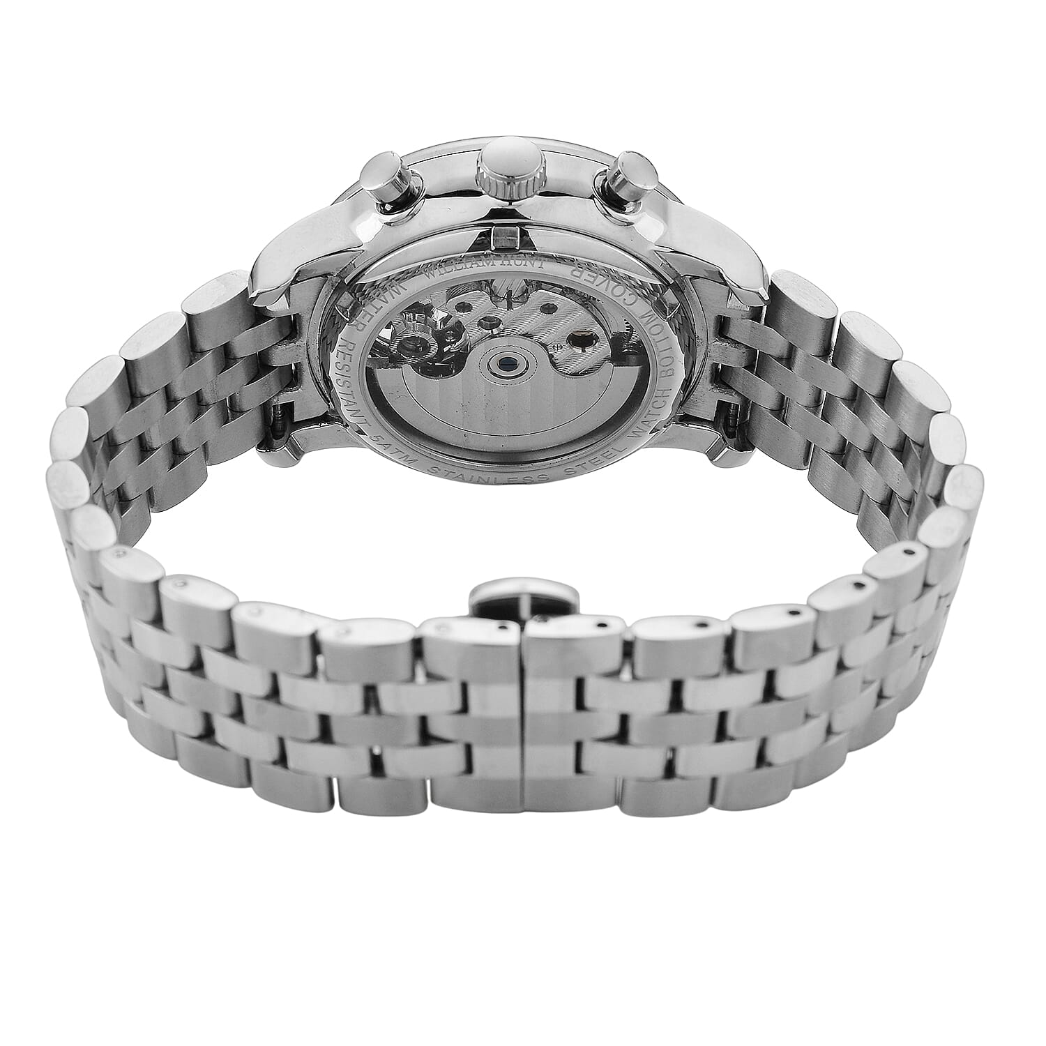 Limited Edition WILLIAM HUNT LONDON Automatic Movement 5 ATM Water Resistant Watch With Skeleton Display, Exhibition Back & Bracelet Strap With Day, Date, Month Display Presented in a Gift Box