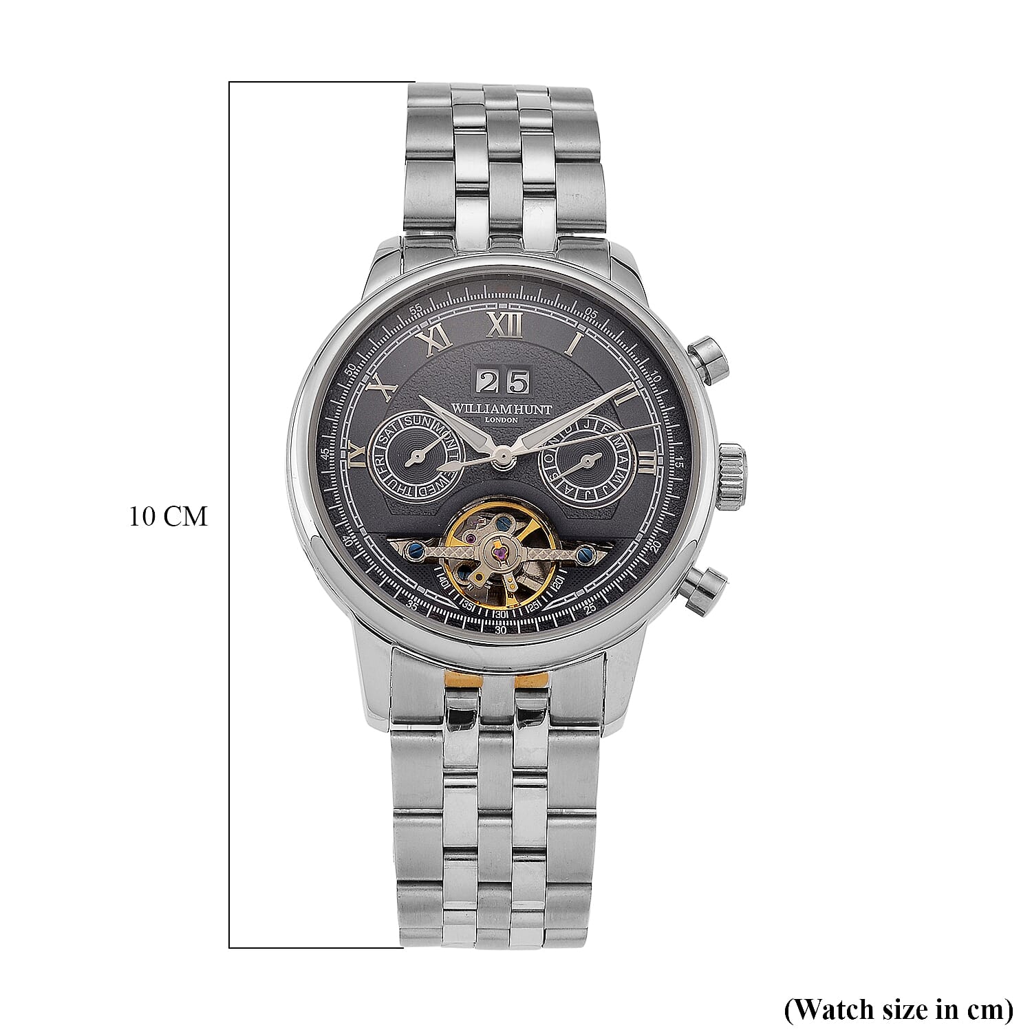 Limited Edition WILLIAM HUNT LONDON Automatic Movement 5 ATM Water Resistant Watch With Skeleton Display, Exhibition Back & Bracelet Strap With Day, Date, Month Display Presented in a Gift Box