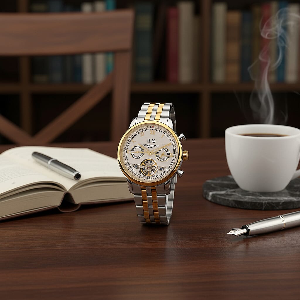 Limited Edition WILLIAM HUNT LONDON Automatic Movement 5 ATM Water Resistant Watch With Skeleton Display, Exhibition Back & Bracelet Strap With Day, Date, Month Display Presented in a Gift Box