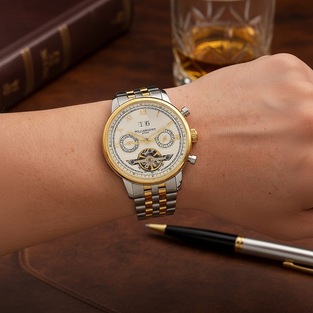 Limited Edition WILLIAM HUNT LONDON Automatic Movement 5 ATM Water Resistant Watch With Skeleton Display, Exhibition Back & Bracelet Strap With Day, Date, Month Display Presented in a Gift Box