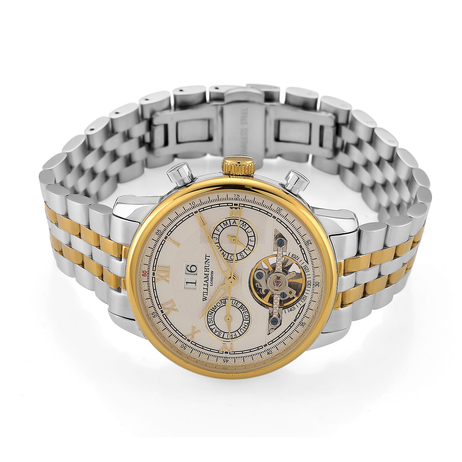 Limited Edition WILLIAM HUNT LONDON Automatic Movement 5 ATM Water Resistant Watch With Skeleton Display, Exhibition Back & Bracelet Strap With Day, Date, Month Display Presented in a Gift Box