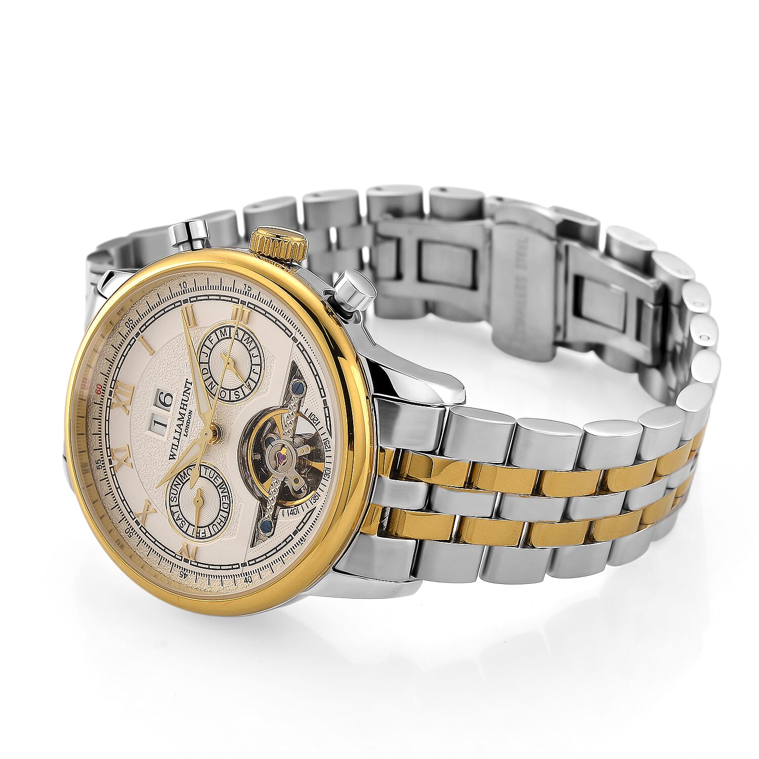 Limited Edition WILLIAM HUNT LONDON Automatic Movement 5 ATM Water Resistant Watch With Skeleton Display, Exhibition Back & Bracelet Strap With Day, Date, Month Display Presented in a Gift Box