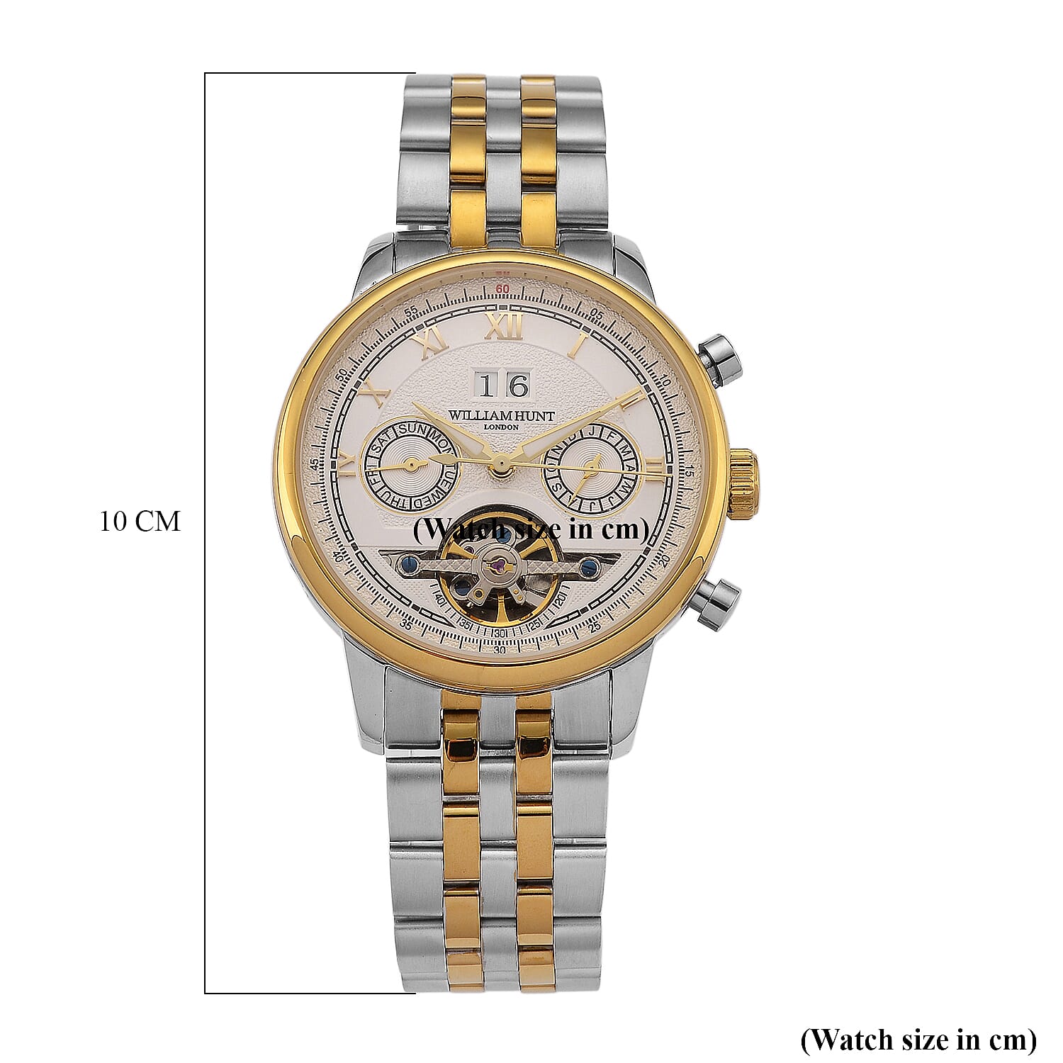 Limited Edition WILLIAM HUNT LONDON Automatic Movement 5 ATM Water Resistant Watch With Skeleton Display, Exhibition Back & Bracelet Strap With Day, Date, Month Display Presented in a Gift Box