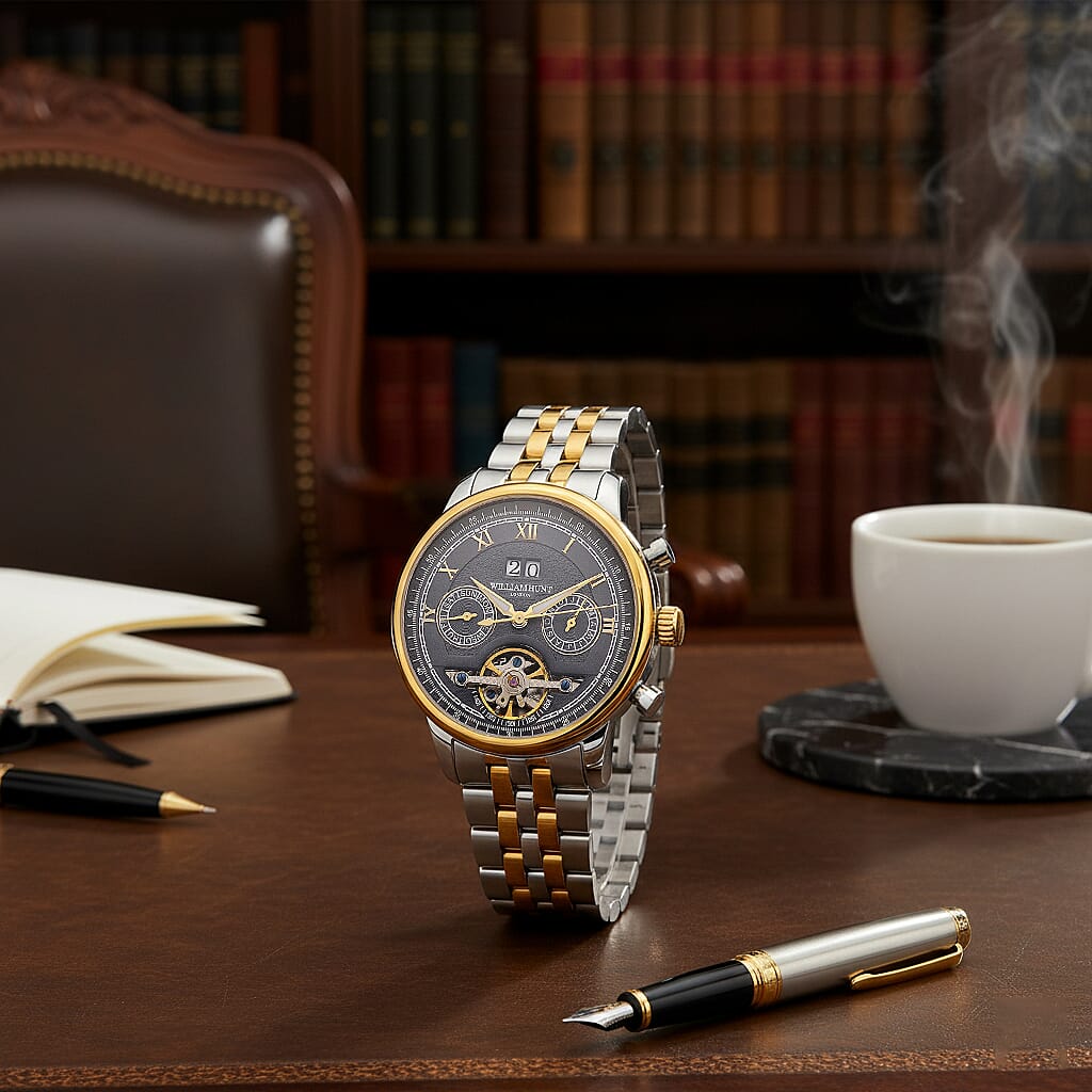 Limited Edition WILLIAM HUNT LONDON Automatic Movement 5 ATM Water Resistant Watch With Skeleton Display, Exhibition Back & Bracelet StrapWith Day, Date, Month Display Presented in a Gift Box