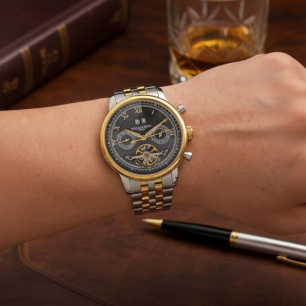 Limited Edition WILLIAM HUNT LONDON Automatic Movement 5 ATM Water Resistant Watch With Skeleton Display, Exhibition Back & Bracelet StrapWith Day, Date, Month Display Presented in a Gift Box