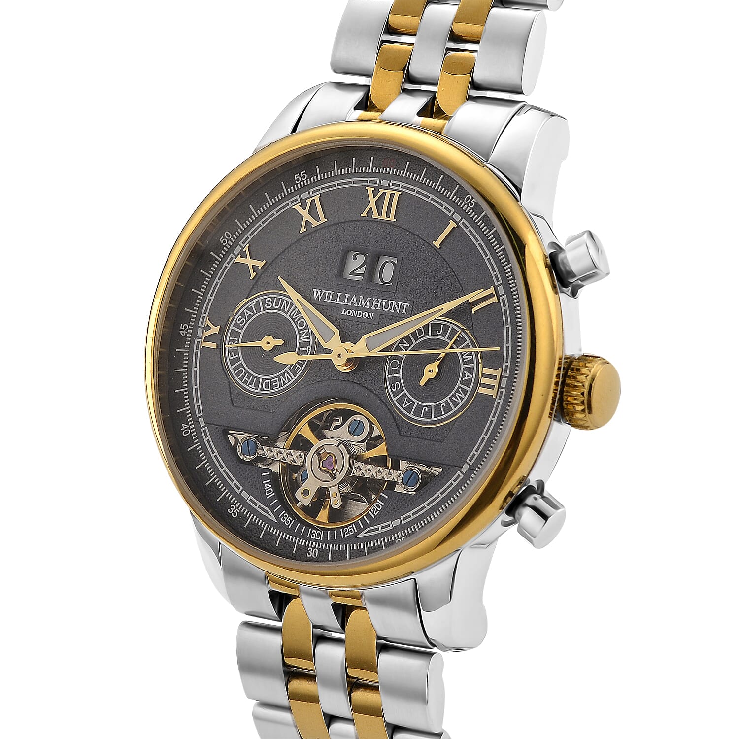 Limited Edition WILLIAM HUNT LONDON Automatic Movement 5 ATM Water Resistant Watch With Skeleton Display, Exhibition Back & Bracelet StrapWith Day, Date, Month Display Presented in a Gift Box