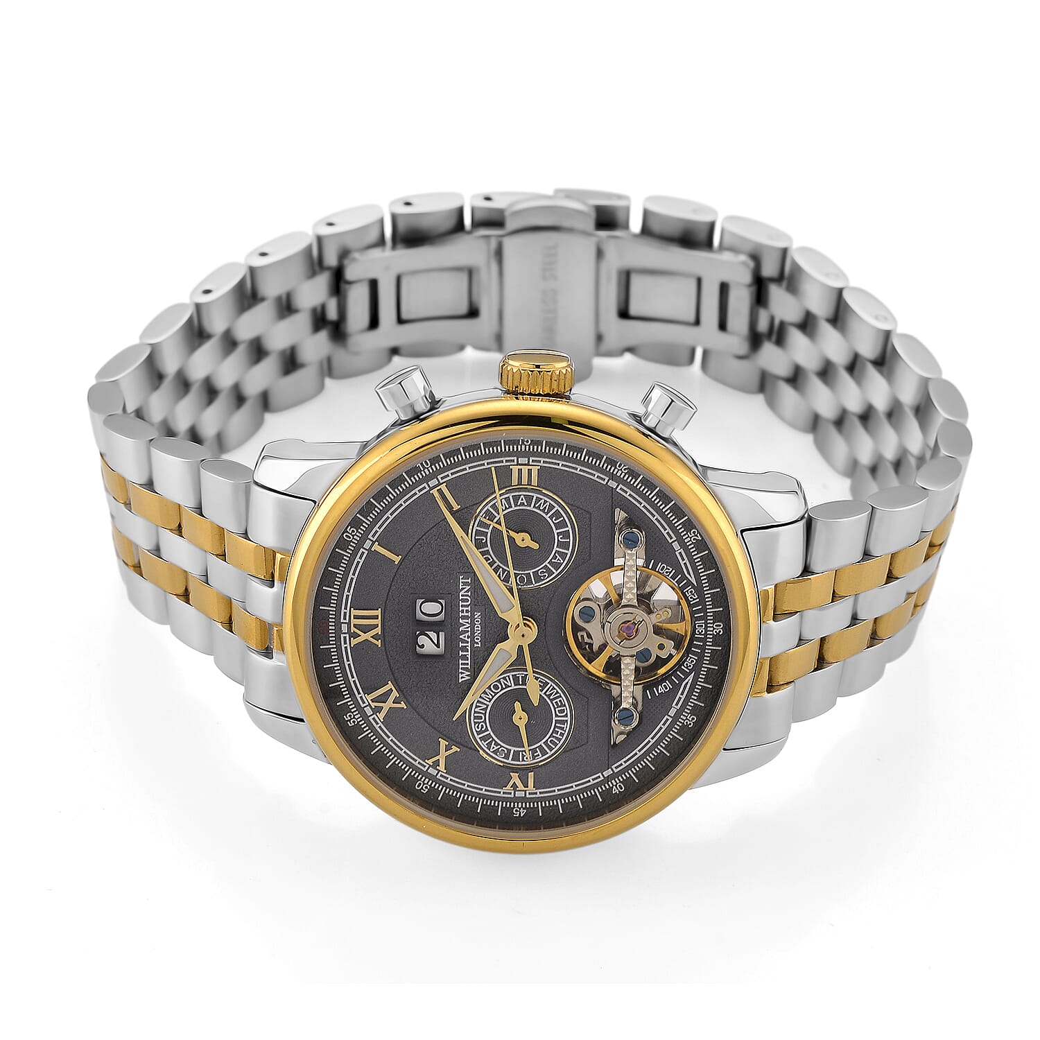 Limited Edition WILLIAM HUNT LONDON Automatic Movement 5 ATM Water Resistant Watch With Skeleton Display, Exhibition Back & Bracelet StrapWith Day, Date, Month Display Presented in a Gift Box