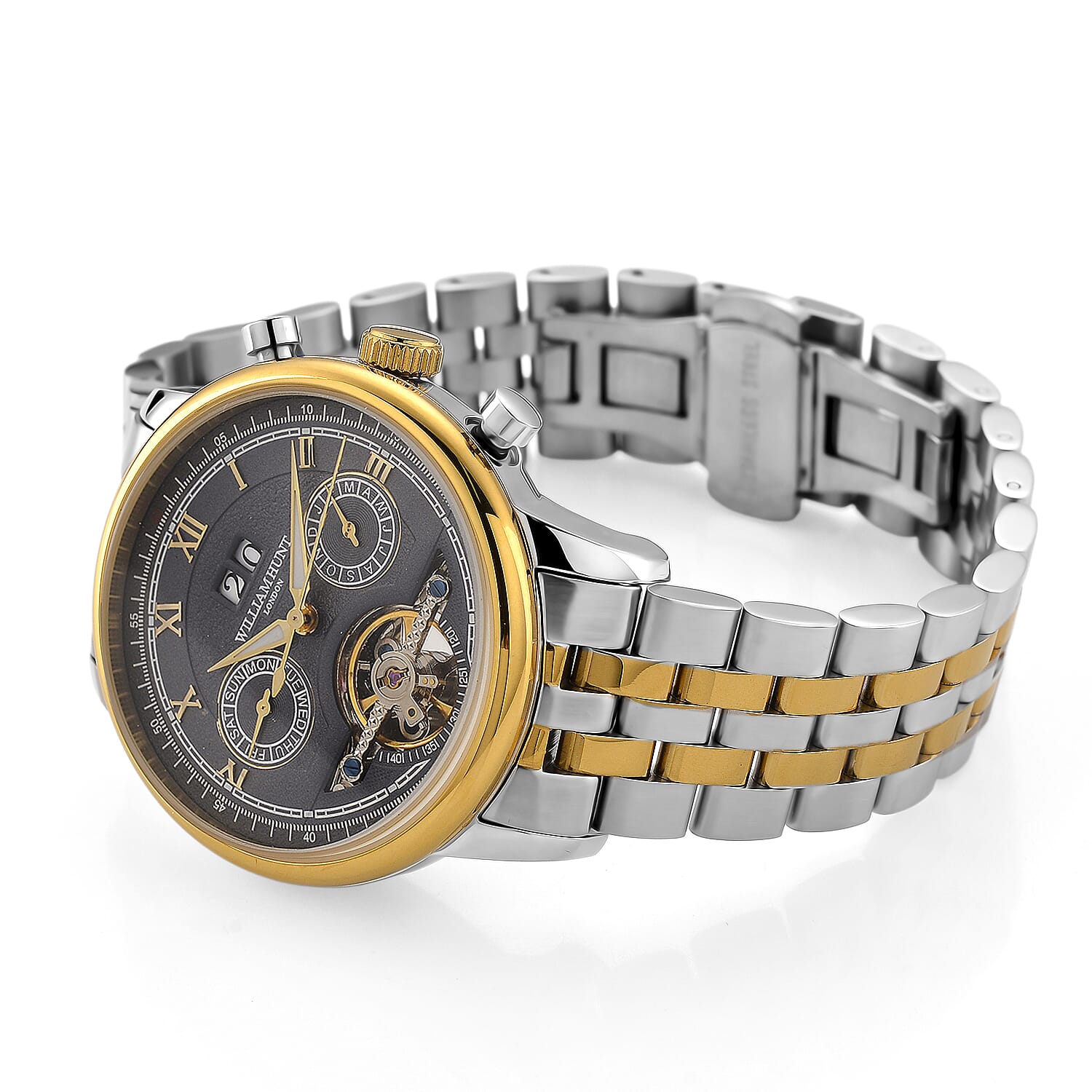 Limited Edition WILLIAM HUNT LONDON Automatic Movement 5 ATM Water Resistant Watch With Skeleton Display, Exhibition Back & Bracelet StrapWith Day, Date, Month Display Presented in a Gift Box