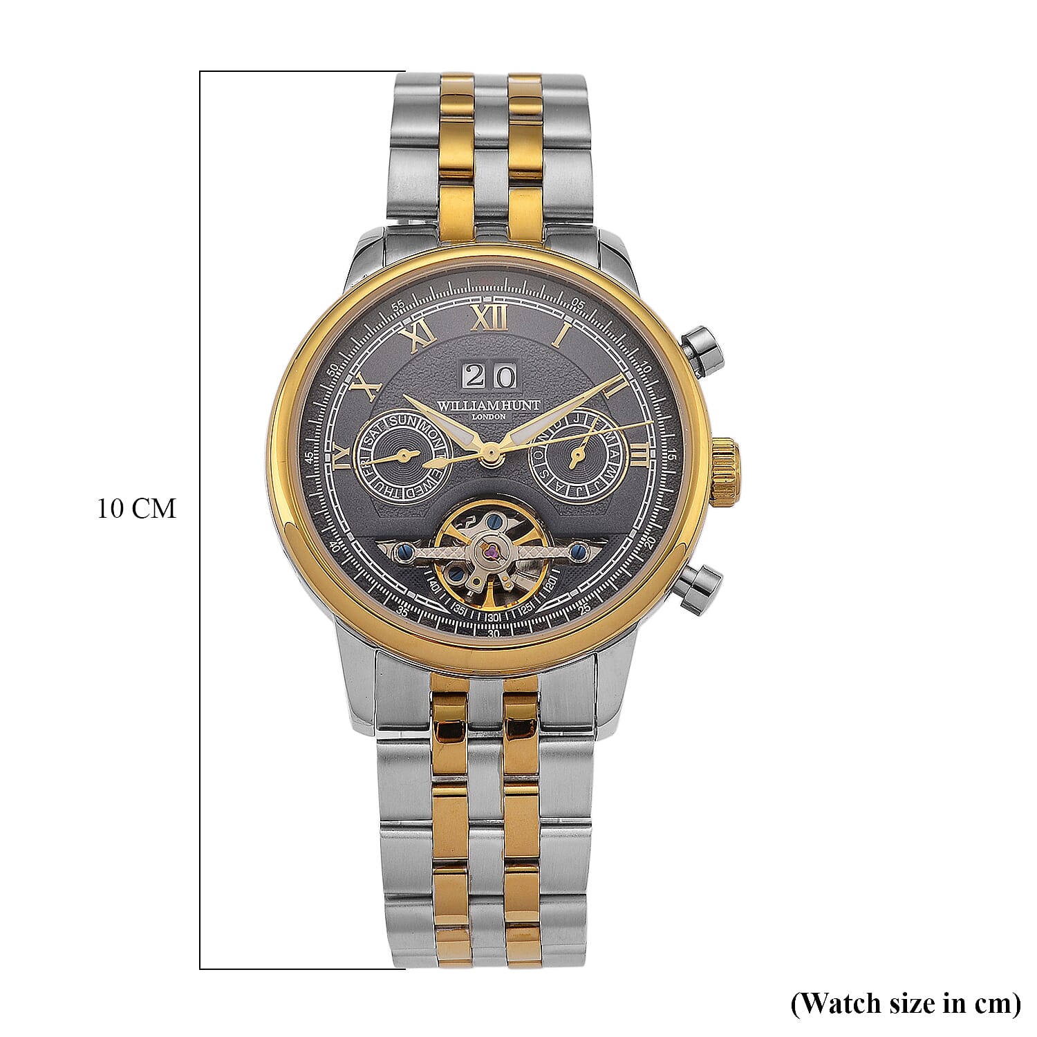 Limited Edition WILLIAM HUNT LONDON Automatic Movement 5 ATM Water Resistant Watch With Skeleton Display, Exhibition Back & Bracelet StrapWith Day, Date, Month Display Presented in a Gift Box