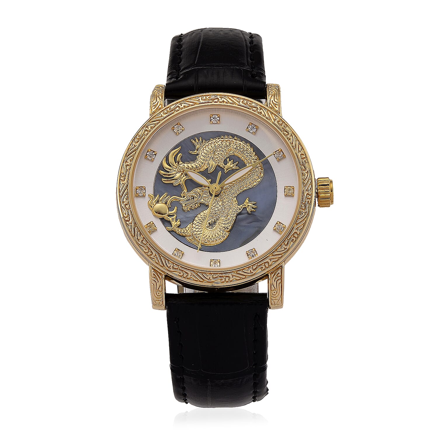 GENOA TIME LIMITED EDITION Dragon Series 3ATM WR Mother Of Pearl Dial & Gold Case Watch with Austrian Crystal Accents & Black Leather Strap Presented in a Gift Box