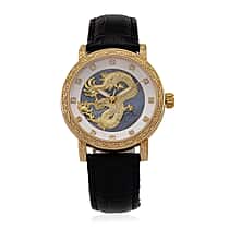 GENOA TIME LIMITED EDITION Dragon Series 3ATM WR Mother Of Pearl Dial & Gold Case Watch with Austrian Crystal Accents & Black Leather Strap Presented in a Gift Box