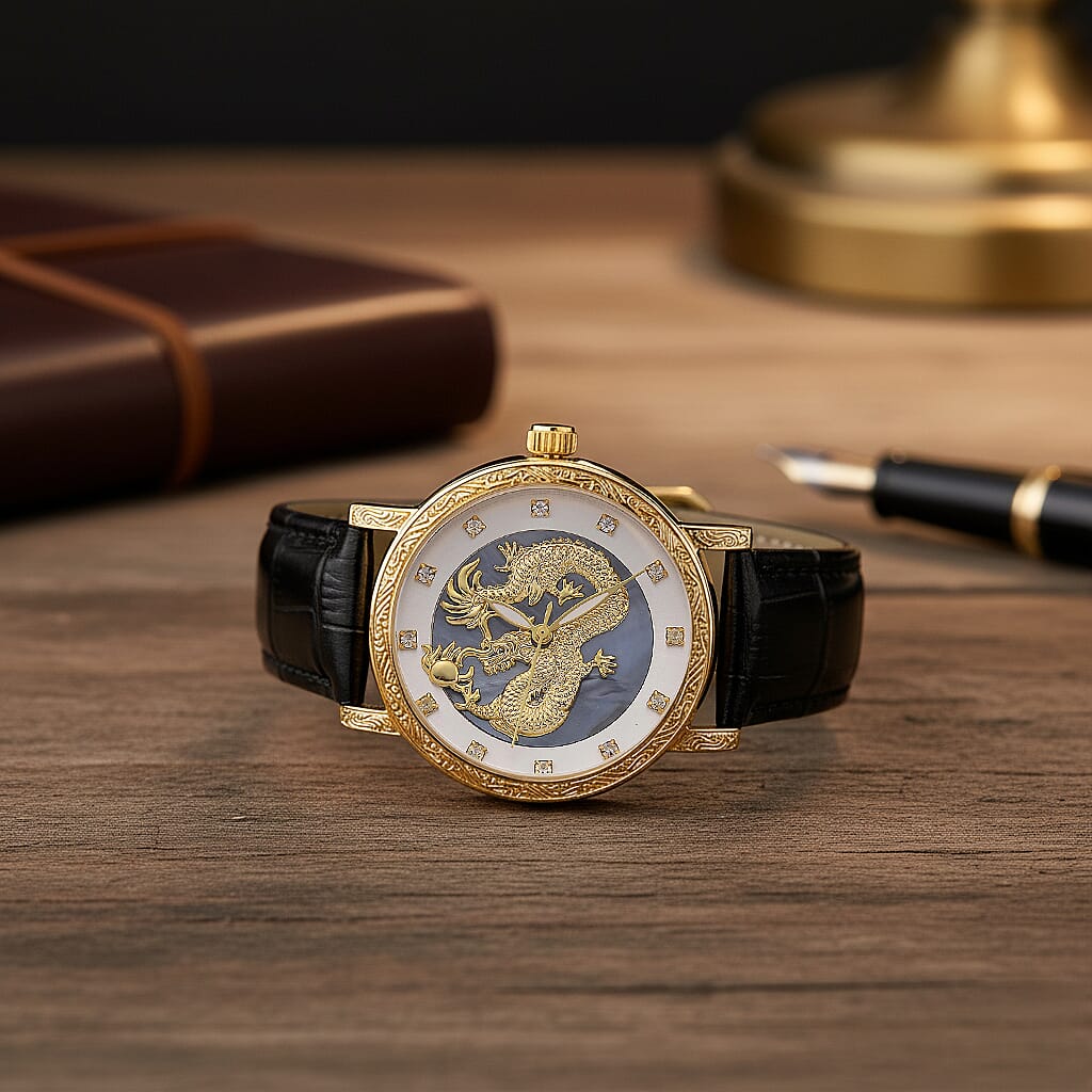 GENOA TIME LIMITED EDITION Dragon Series 3ATM WR Mother Of Pearl Dial & Gold Case Watch with Austrian Crystal Accents & Black Leather Strap Presented in a Gift Box