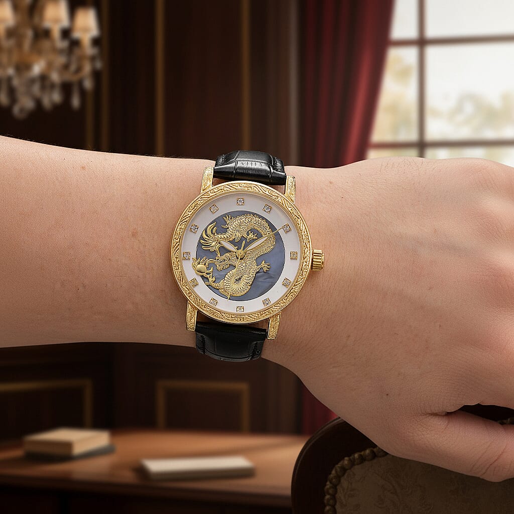 GENOA TIME LIMITED EDITION Dragon Series 3ATM WR Mother Of Pearl Dial & Gold Case Watch with Austrian Crystal Accents & Black Leather Strap Presented in a Gift Box
