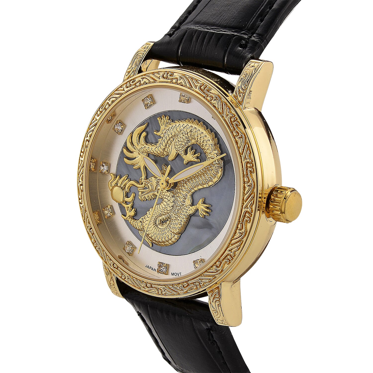 GENOA TIME LIMITED EDITION Dragon Series 3ATM WR Mother Of Pearl Dial & Gold Case Watch with Austrian Crystal Accents & Black Leather Strap Presented in a Gift Box