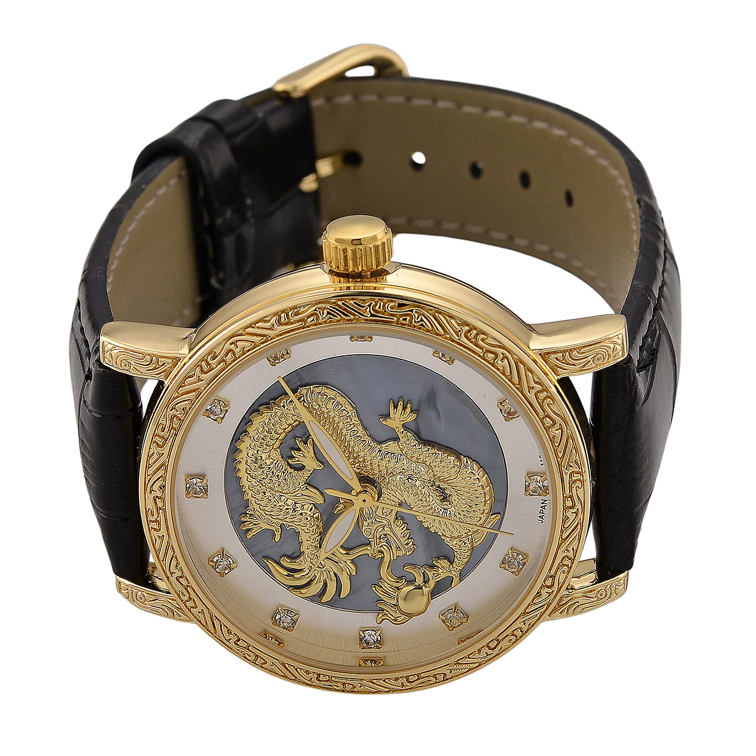 GENOA TIME LIMITED EDITION Dragon Series 3ATM WR Mother Of Pearl Dial & Gold Case Watch with Austrian Crystal Accents & Black Leather Strap Presented in a Gift Box