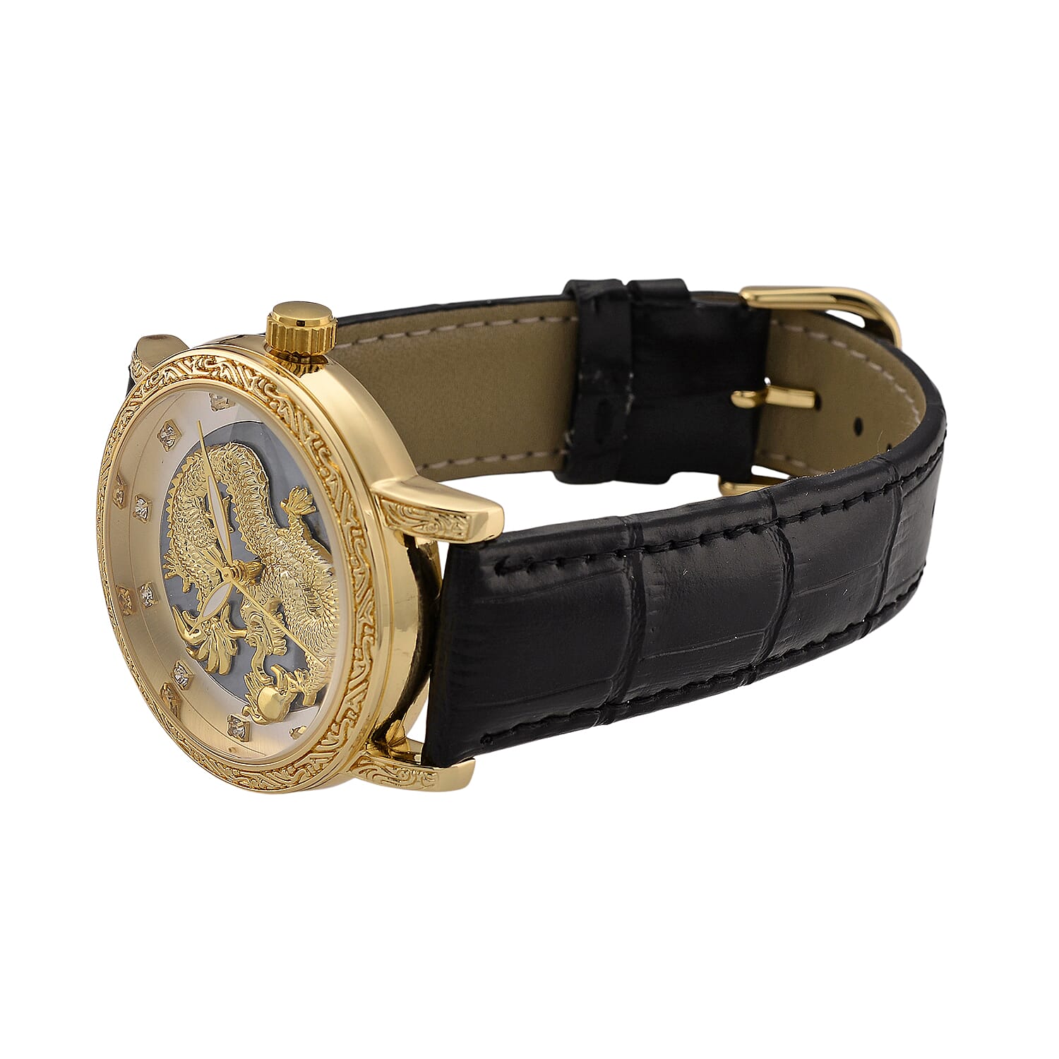 GENOA TIME LIMITED EDITION Dragon Series 3ATM WR Mother Of Pearl Dial & Gold Case Watch with Austrian Crystal Accents & Black Leather Strap Presented in a Gift Box