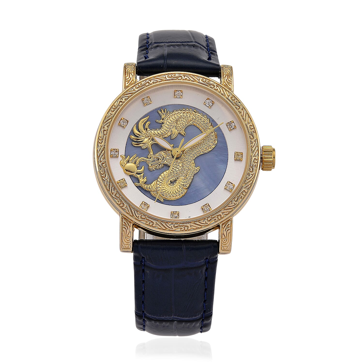 GENOA TIME LIMITED EDITION Dragon Series 3ATM WR Mother Of Pearl Dial & Gold Case Watch with Austrian Crystal Accents & Blue Leather Strap Presented in a Gift Box