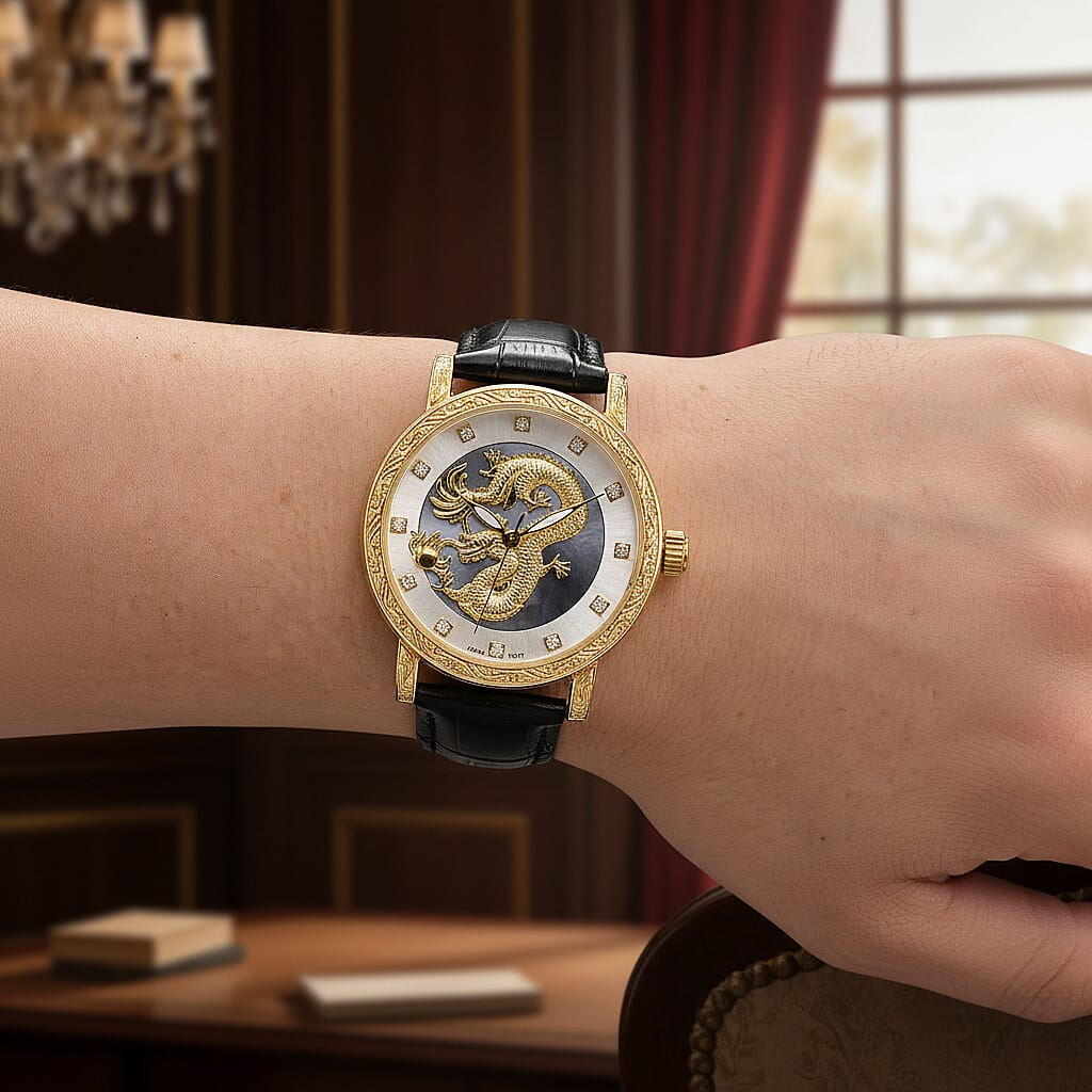 GENOA TIME LIMITED EDITION Dragon Series 3ATM WR Mother Of Pearl Dial & Gold Case Watch with Austrian Crystal Accents & Blue Leather Strap Presented in a Gift Box