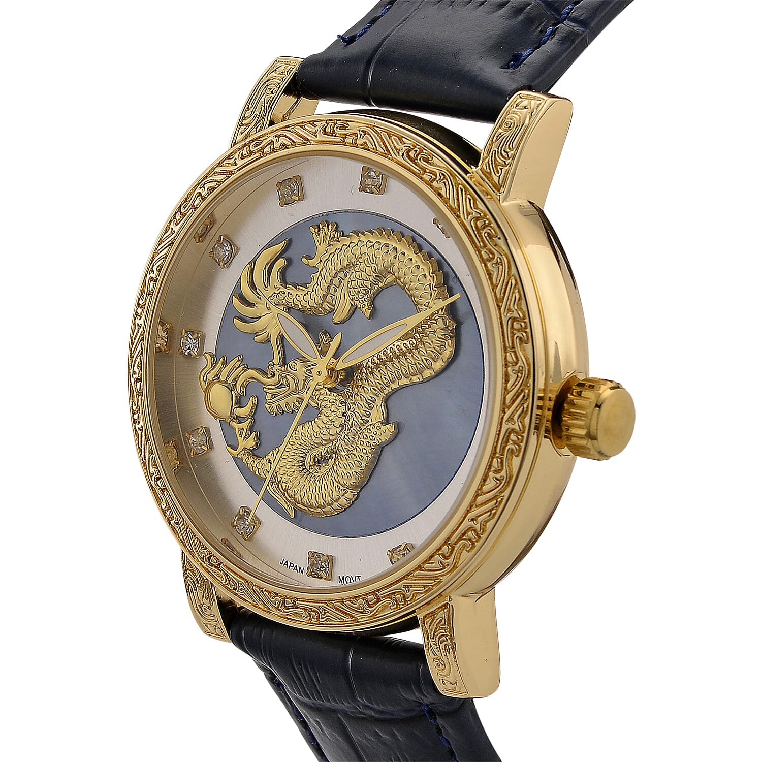 GENOA TIME LIMITED EDITION Dragon Series 3ATM WR Mother Of Pearl Dial & Gold Case Watch with Austrian Crystal Accents & Blue Leather Strap Presented in a Gift Box