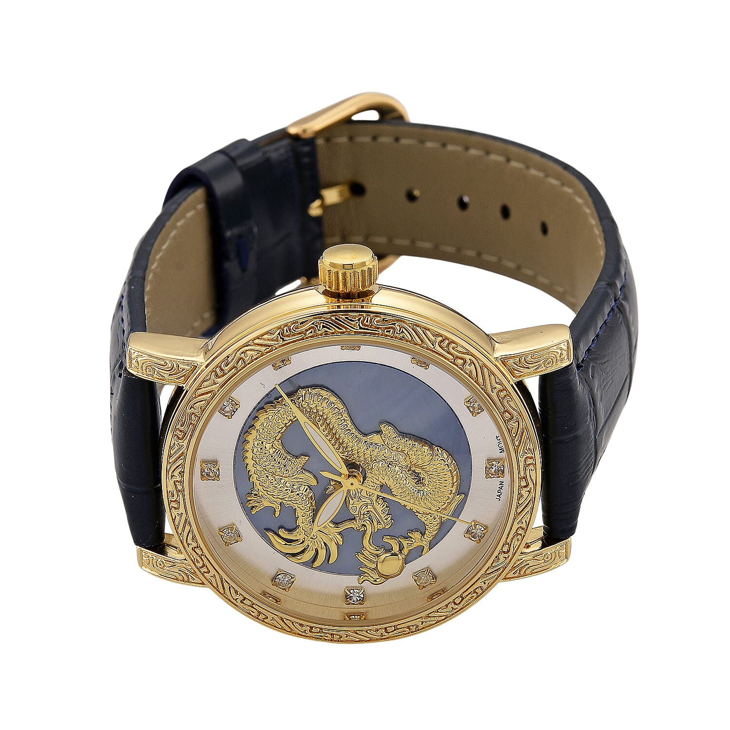 GENOA TIME LIMITED EDITION Dragon Series 3ATM WR Mother Of Pearl Dial & Gold Case Watch with Austrian Crystal Accents & Blue Leather Strap Presented in a Gift Box