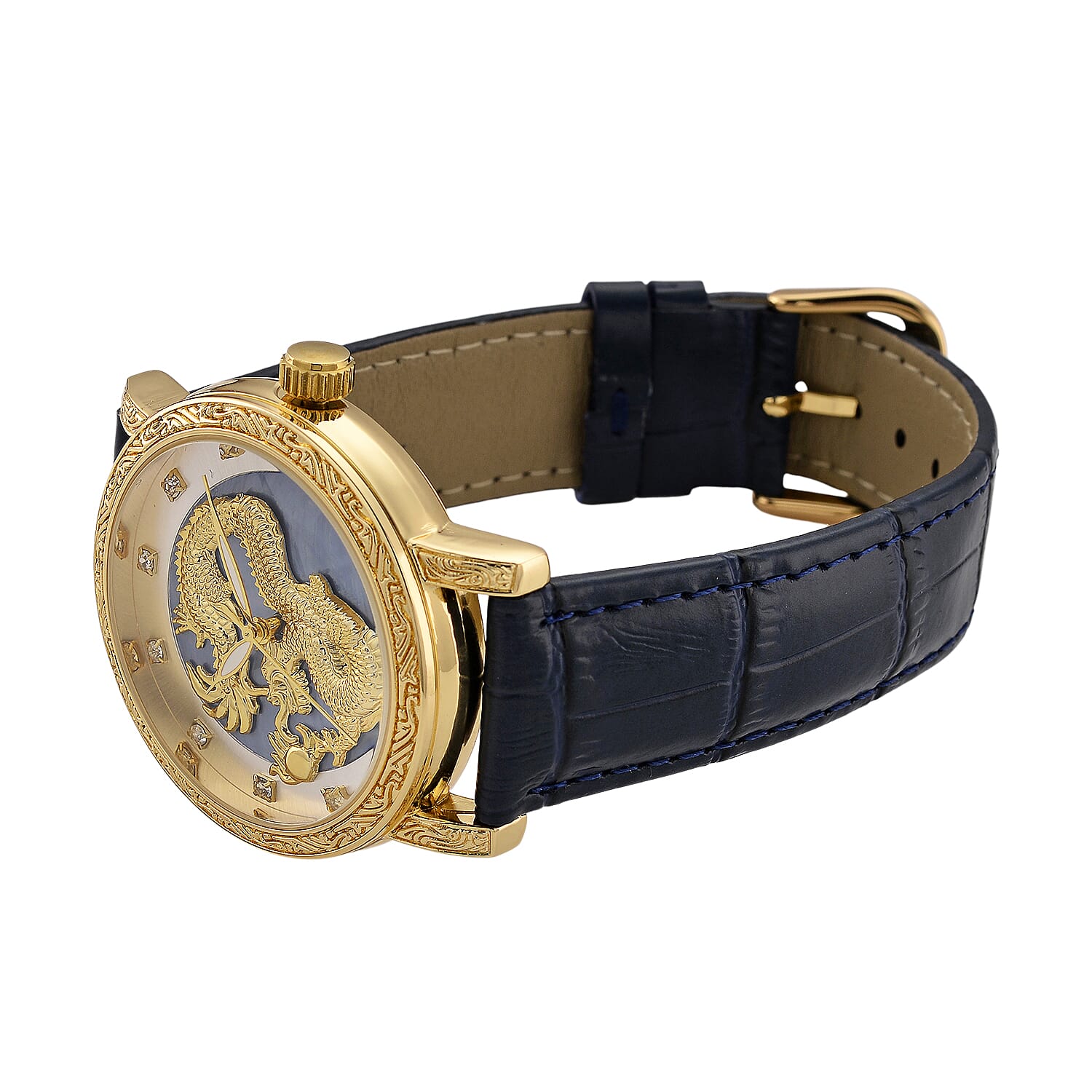 GENOA TIME LIMITED EDITION Dragon Series 3ATM WR Mother Of Pearl Dial & Gold Case Watch with Austrian Crystal Accents & Blue Leather Strap Presented in a Gift Box