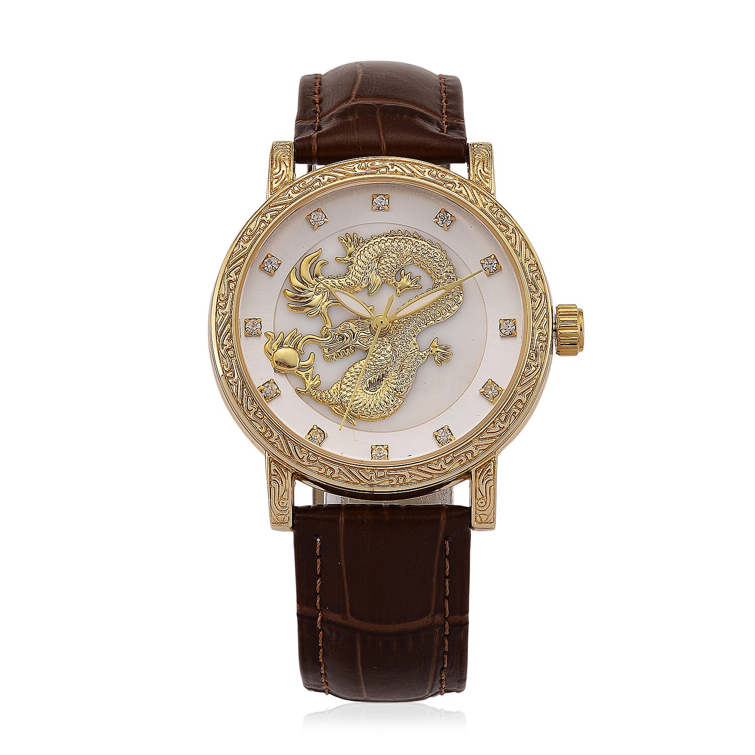 GENOA TIME LIMITED EDITION Dragon Series 3ATM WR Mother Of Pearl Dial & Gold Case Watch with Austrian Crystal Accents & Brown Leather Strap Presented in a Gift Box