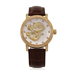 GENOA TIME LIMITED EDITION Dragon Series 3ATM WR Mother Of Pearl Dial & Gold Case Watch with Austrian Crystal Accents & Coffee Leather Strap Presented in a Gift Box