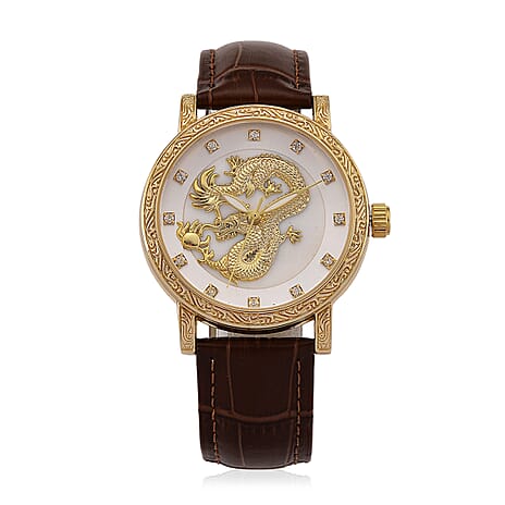 GENOA TIME V2 Dragon Series Quartz Miyota 2035 3ATM WR White MOP Dial & Gold Case Mens Watch with Brown Leather Strap