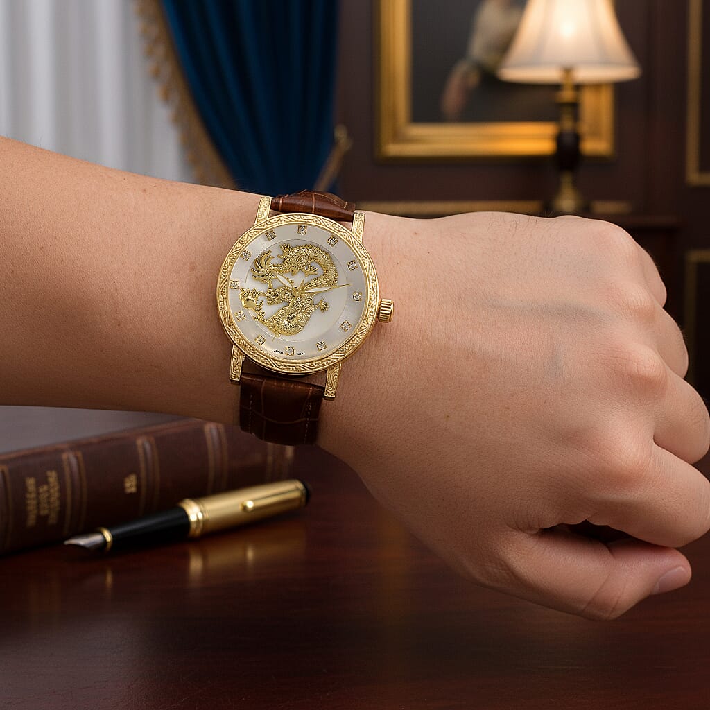 GENOA TIME LIMITED EDITION Dragon Series 3ATM WR Mother Of Pearl Dial & Gold Case Watch with Austrian Crystal Accents & Brown Leather Strap Presented in a Gift Box