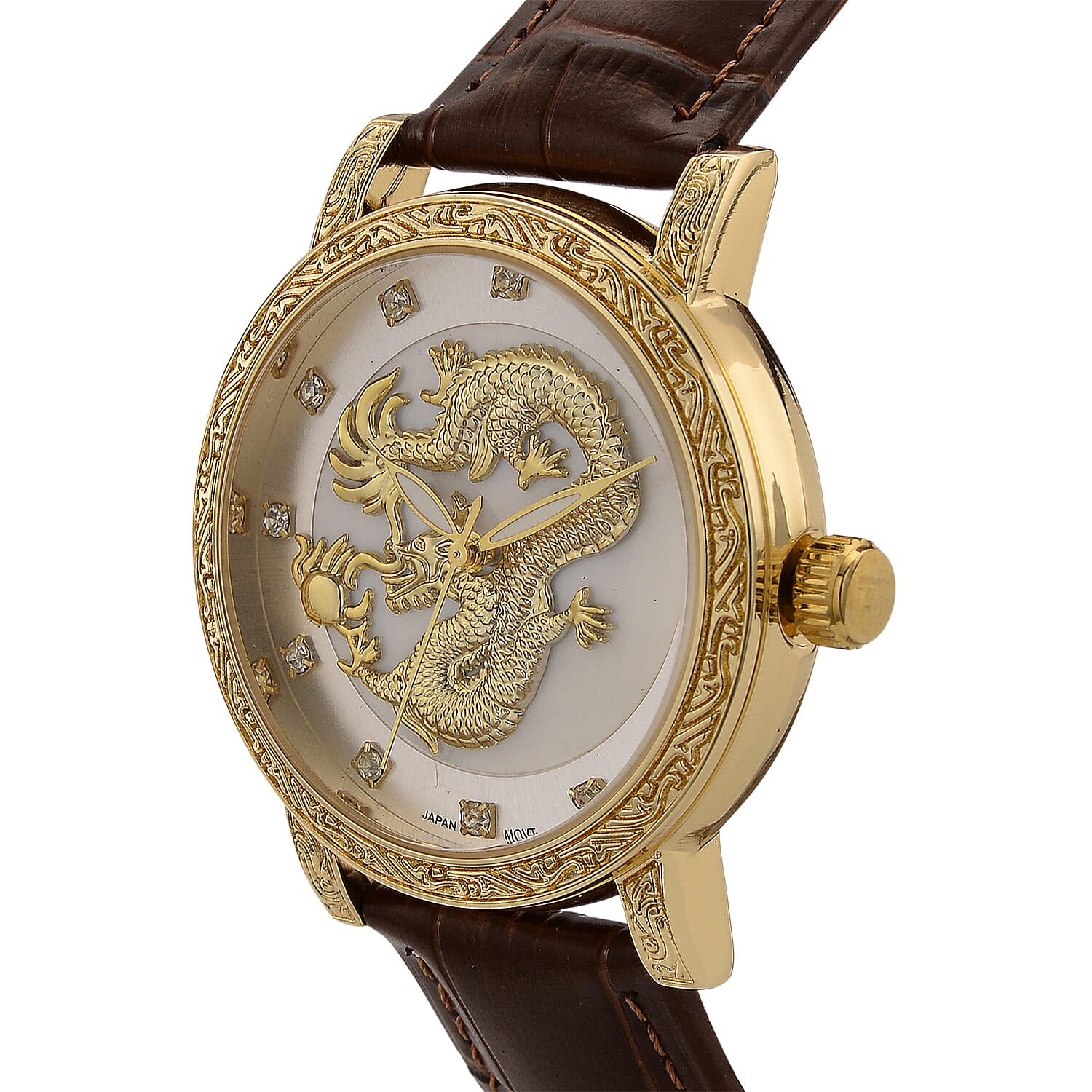 GENOA TIME LIMITED EDITION Dragon Series 3ATM WR Mother Of Pearl Dial & Gold Case Watch with Austrian Crystal Accents & Brown Leather Strap Presented in a Gift Box