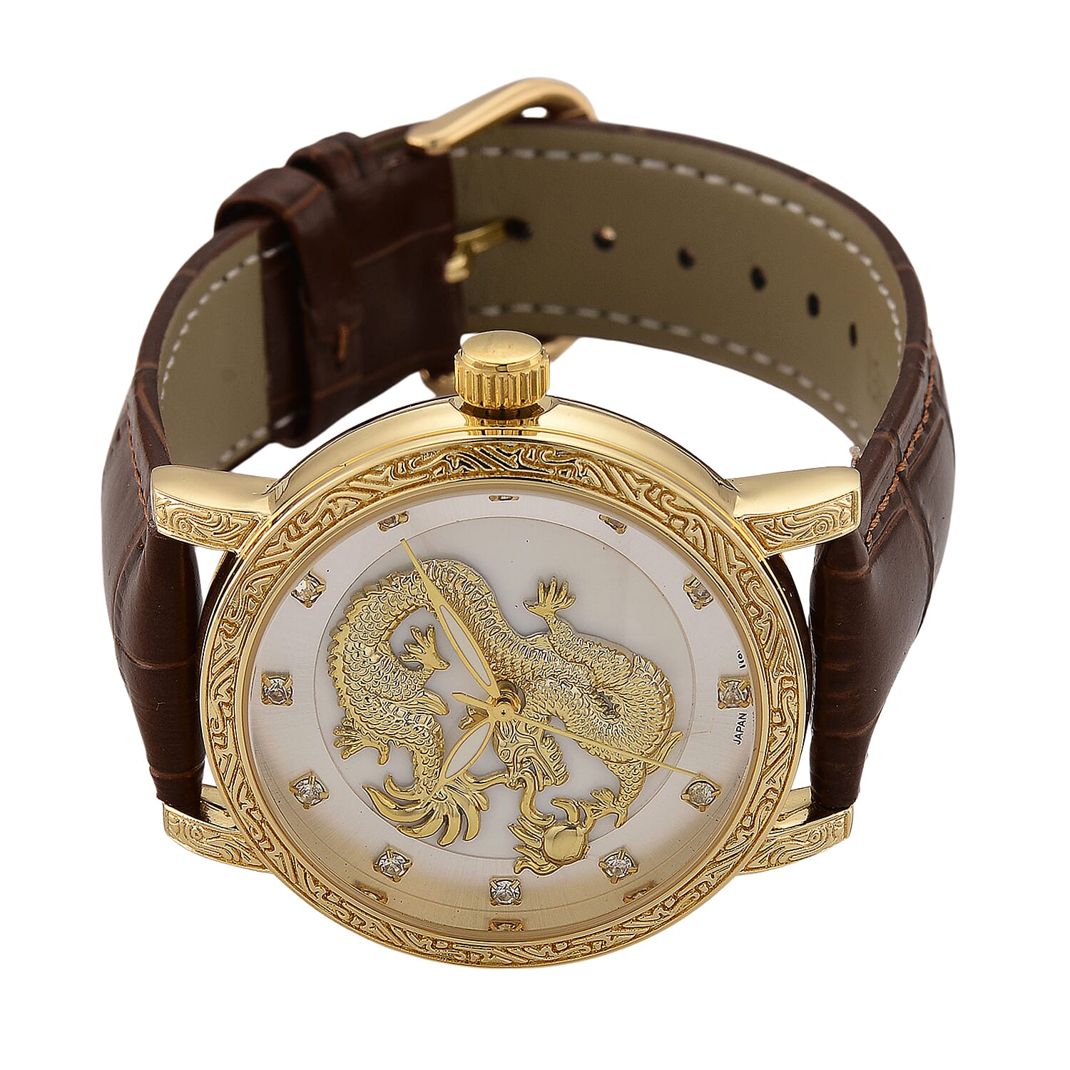 GENOA TIME LIMITED EDITION Dragon Series 3ATM WR Mother Of Pearl Dial & Gold Case Watch with Austrian Crystal Accents & Brown Leather Strap Presented in a Gift Box