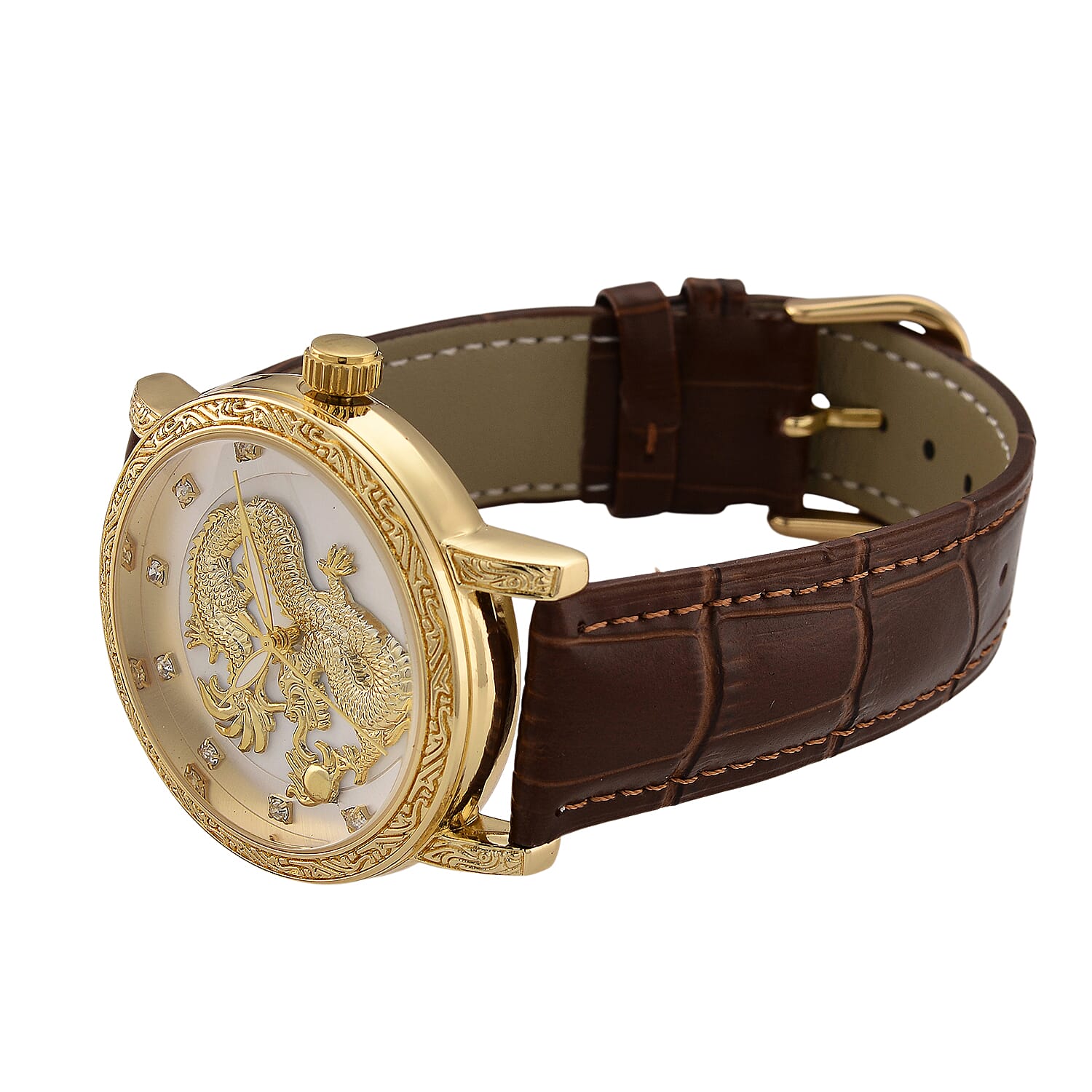 GENOA TIME LIMITED EDITION Dragon Series 3ATM WR Mother Of Pearl Dial & Gold Case Watch with Austrian Crystal Accents & Brown Leather Strap Presented in a Gift Box