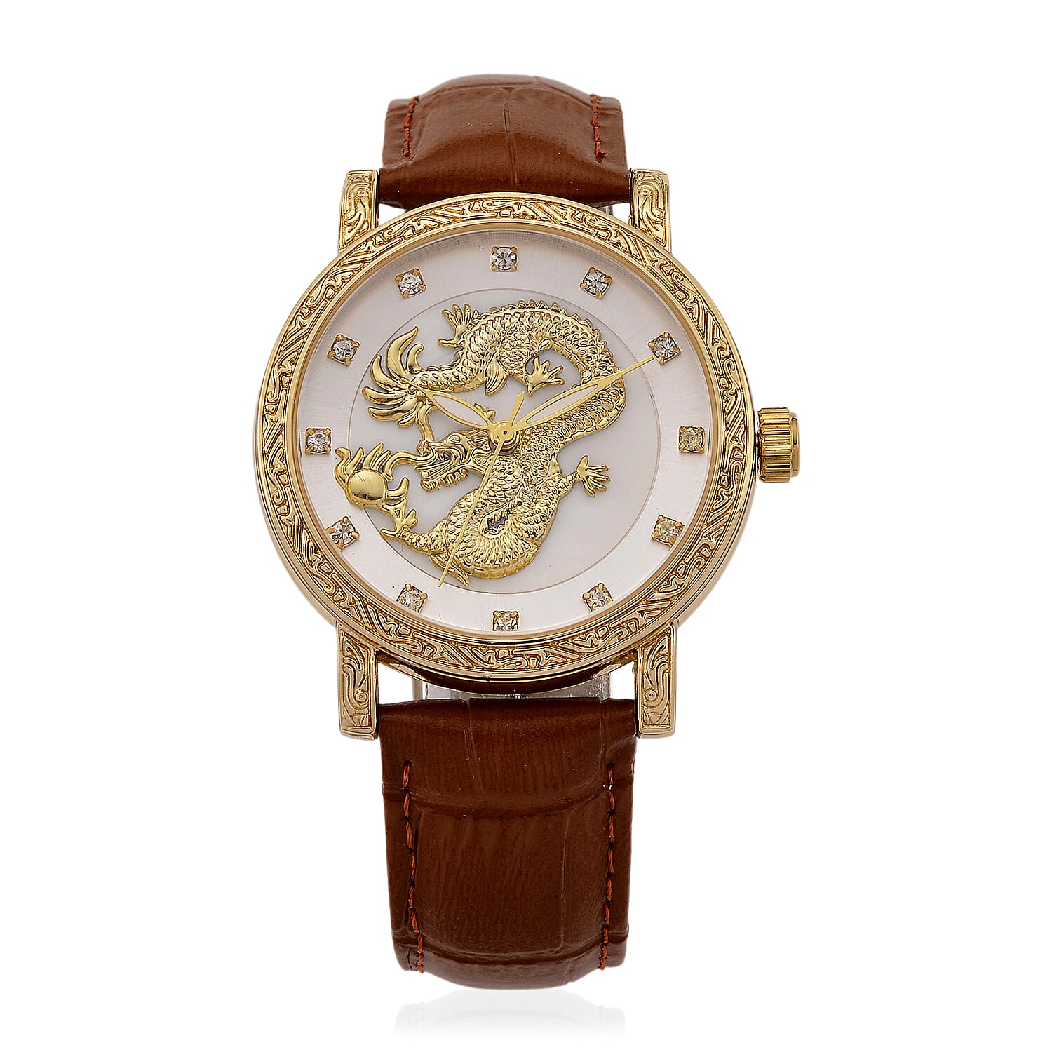 GENOA TIME LIMITED EDITION Dragon Series 3ATM WR Mother Of Pearl Dial & Gold Case Watch with Austrian Crystal Accents & Coffee Leather Strap Presented in a Gift Box