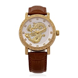 GENOA TIME LIMITED EDITION Dragon Series 3ATM WR Mother Of Pearl Dial & Gold Case Watch with Austrian Crystal Accents & Coffee Leather Strap Presented in a Gift Box