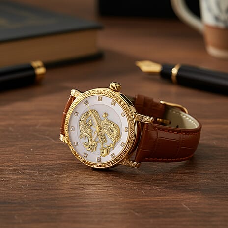 GENOA TIME V2 Dragon Series Quartz Miyota 2035 3ATM WR White MOP Dial & Gold Case Mens Watch with Light Coffee Leather Strap