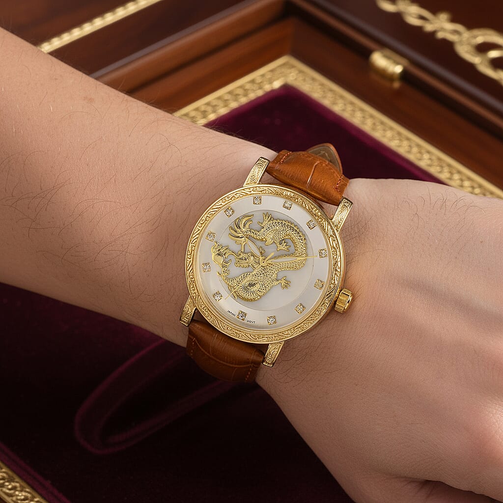 GENOA TIME LIMITED EDITION Dragon Series 3ATM WR Mother Of Pearl Dial & Gold Case Watch with Austrian Crystal Accents & Coffee Leather Strap Presented in a Gift Box