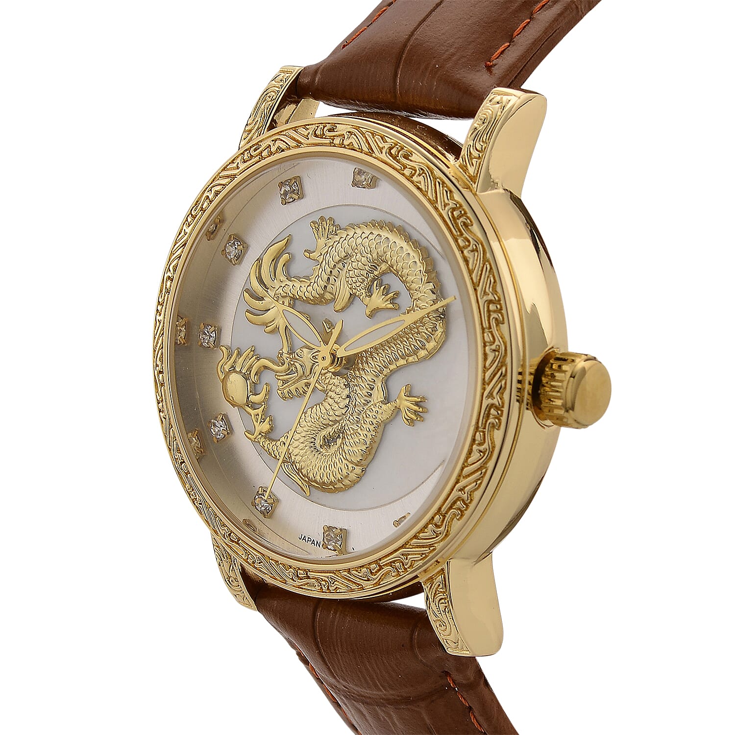 GENOA TIME LIMITED EDITION Dragon Series 3ATM WR Mother Of Pearl Dial & Gold Case Watch with Austrian Crystal Accents & Coffee Leather Strap Presented in a Gift Box