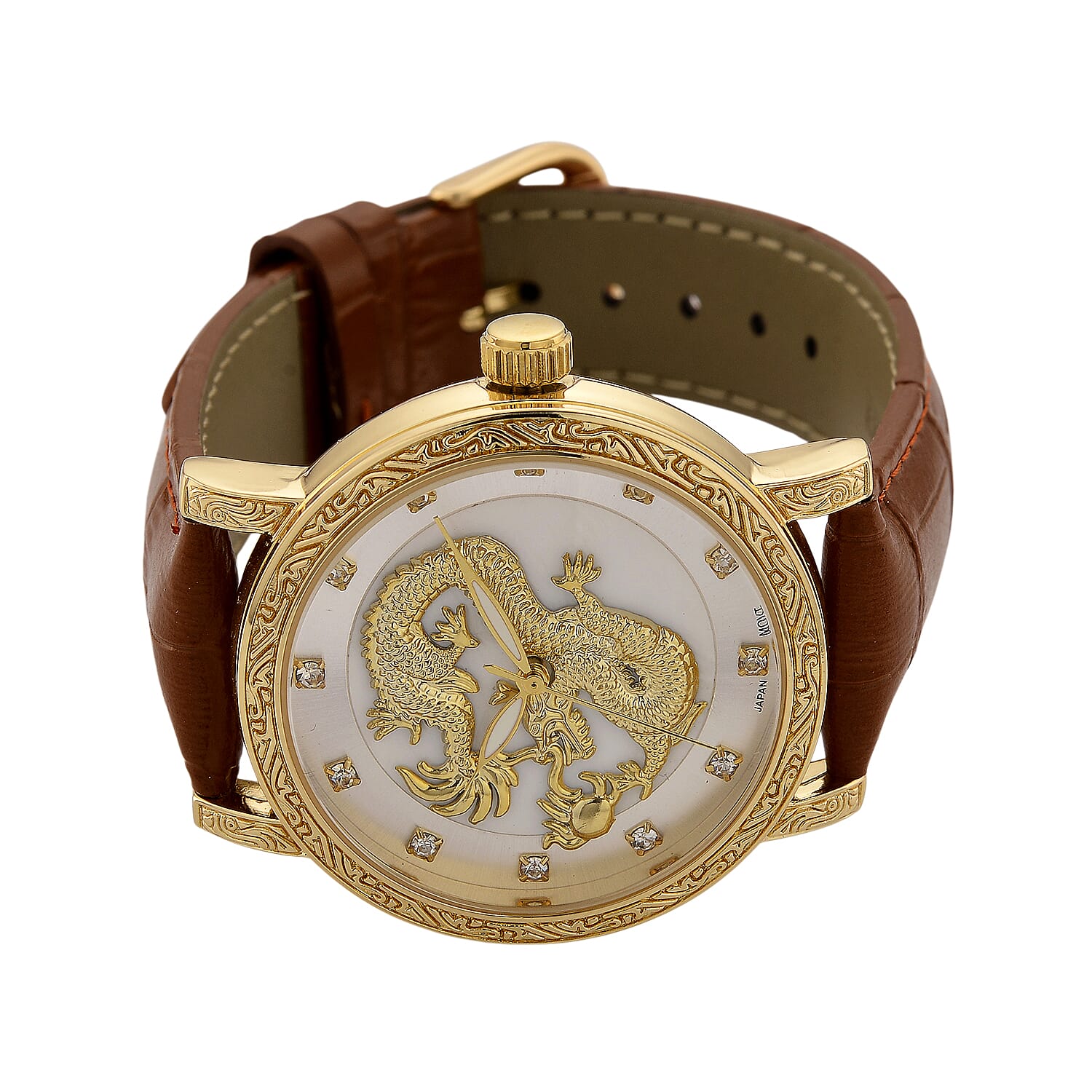 GENOA TIME LIMITED EDITION Dragon Series 3ATM WR Mother Of Pearl Dial & Gold Case Watch with Austrian Crystal Accents & Coffee Leather Strap Presented in a Gift Box