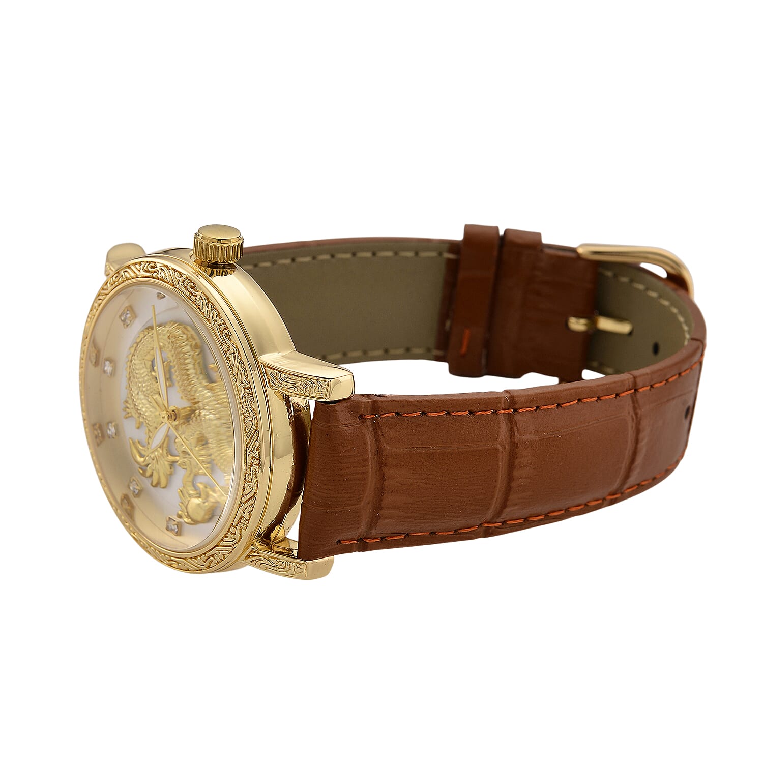 GENOA TIME LIMITED EDITION Dragon Series 3ATM WR Mother Of Pearl Dial & Gold Case Watch with Austrian Crystal Accents & Coffee Leather Strap Presented in a Gift Box