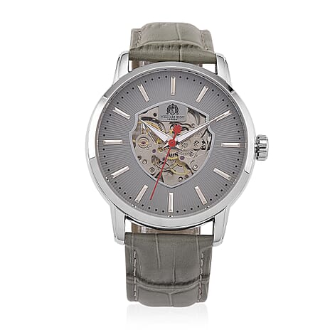 WILLIAM HUNT Automatic Movement 5 ATM Water Resistant Watch With Skeleton Display, Exhibition Back & Grey Leather Strap Presented in a Gift Box