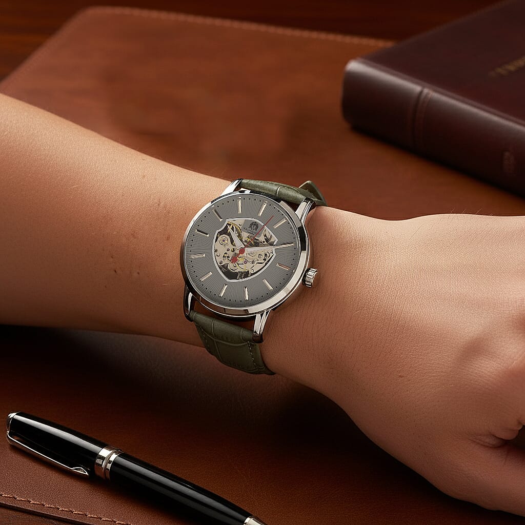 WILLIAM HUNT Automatic Movement 5 ATM Water Resistant Watch With Skeleton Display, Exhibition Back & Grey Leather Strap Presented in a Gift Box