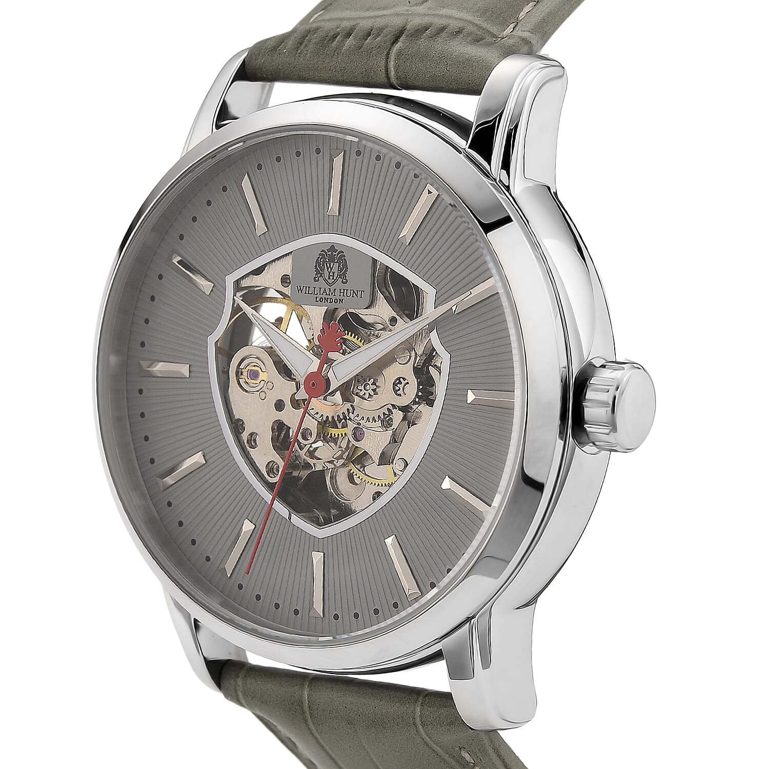 WILLIAM HUNT Automatic Movement 5 ATM Water Resistant Watch With Skeleton Display, Exhibition Back & Grey Leather Strap Presented in a Gift Box